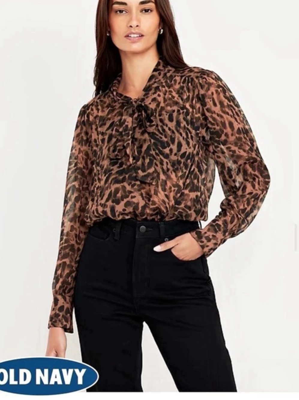 Old Navy Long-Sleeve Tie-Neck Chiffon Top Brown & Black XS - New Without Tags